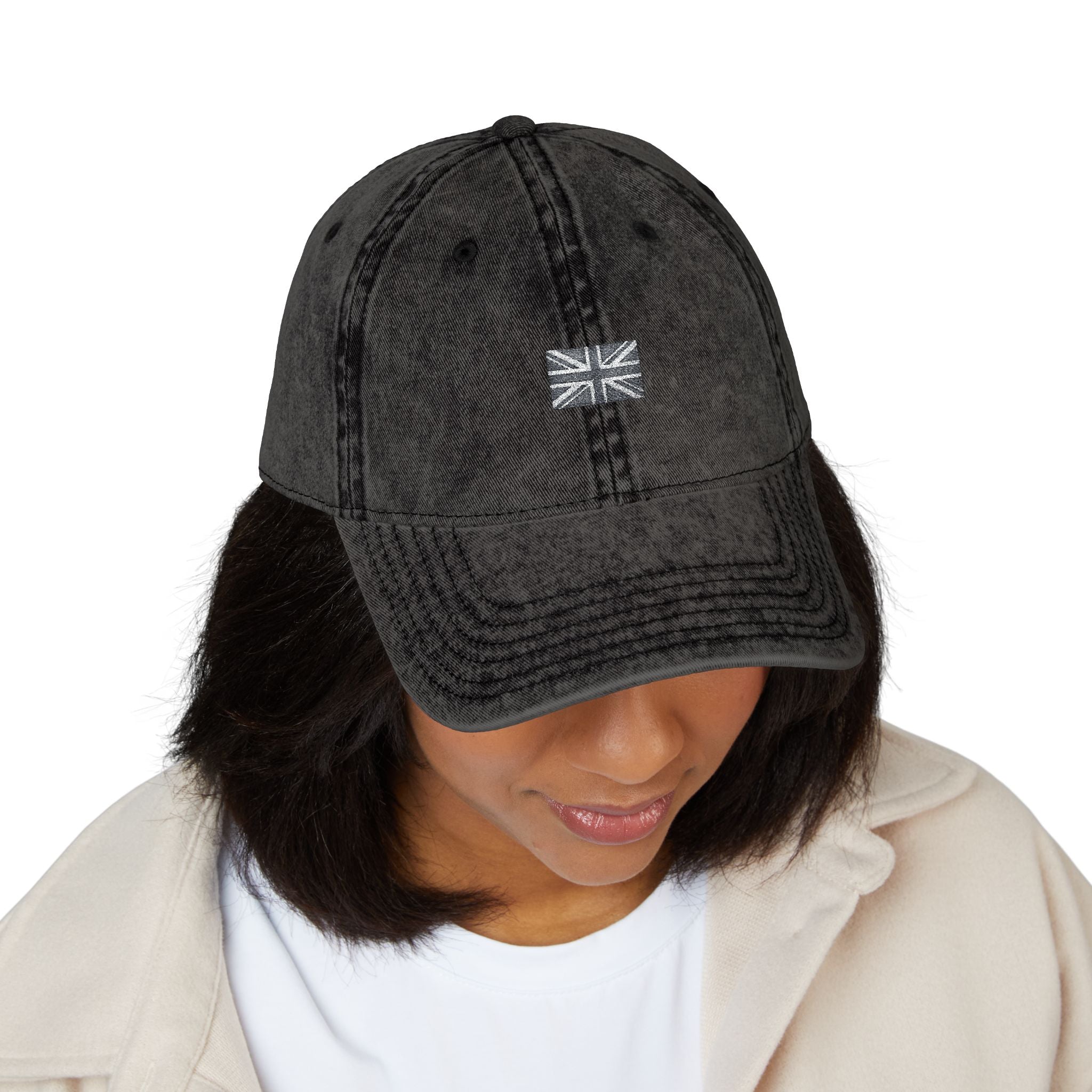 Vintage Washed Baseball Cap with Embroidered Union Jack - Black Edit